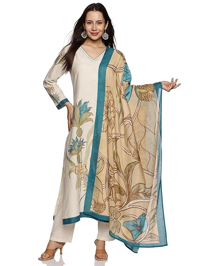 Women's Cotton Printed Straight Kurta Pant with Dupatta Set